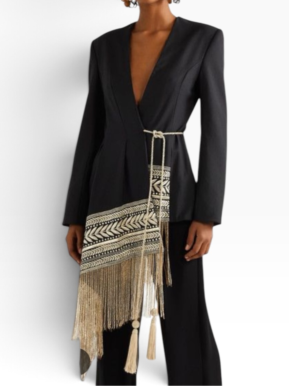 black and gold fringe asymmetrical tie blazer